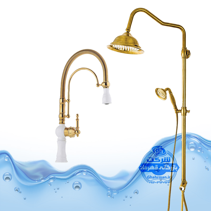 ست ۲ عددی شیر ظرفشویی بیزانس تک‌منظوره و علم دوش یونیورست مدل شیپوری | سفید طلایی | شیرآلات برند آیدا صنعت مدل دنیز
